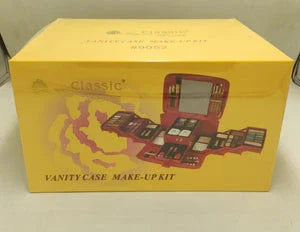 Yellow box of classic vanity case make-up kit with illustrated makeup set on front
