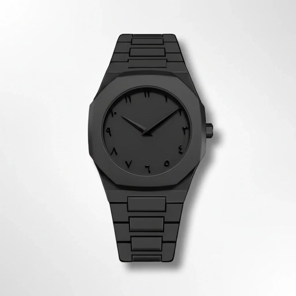 Black wristwatch with Arabic numerals, minimalist matte finish, metal strap, modern design