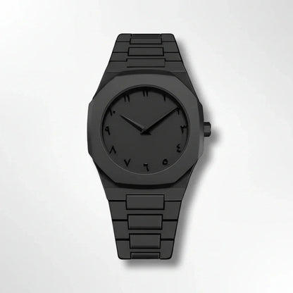 Black wristwatch with Arabic numerals, minimalist matte finish, metal strap, modern design