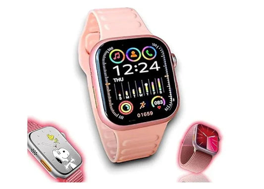 Pink smartwatch with fitness tracker features and colorful display, shown with various watch faces.