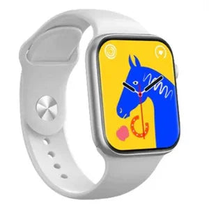 White smart watch with colorful horse illustration on display