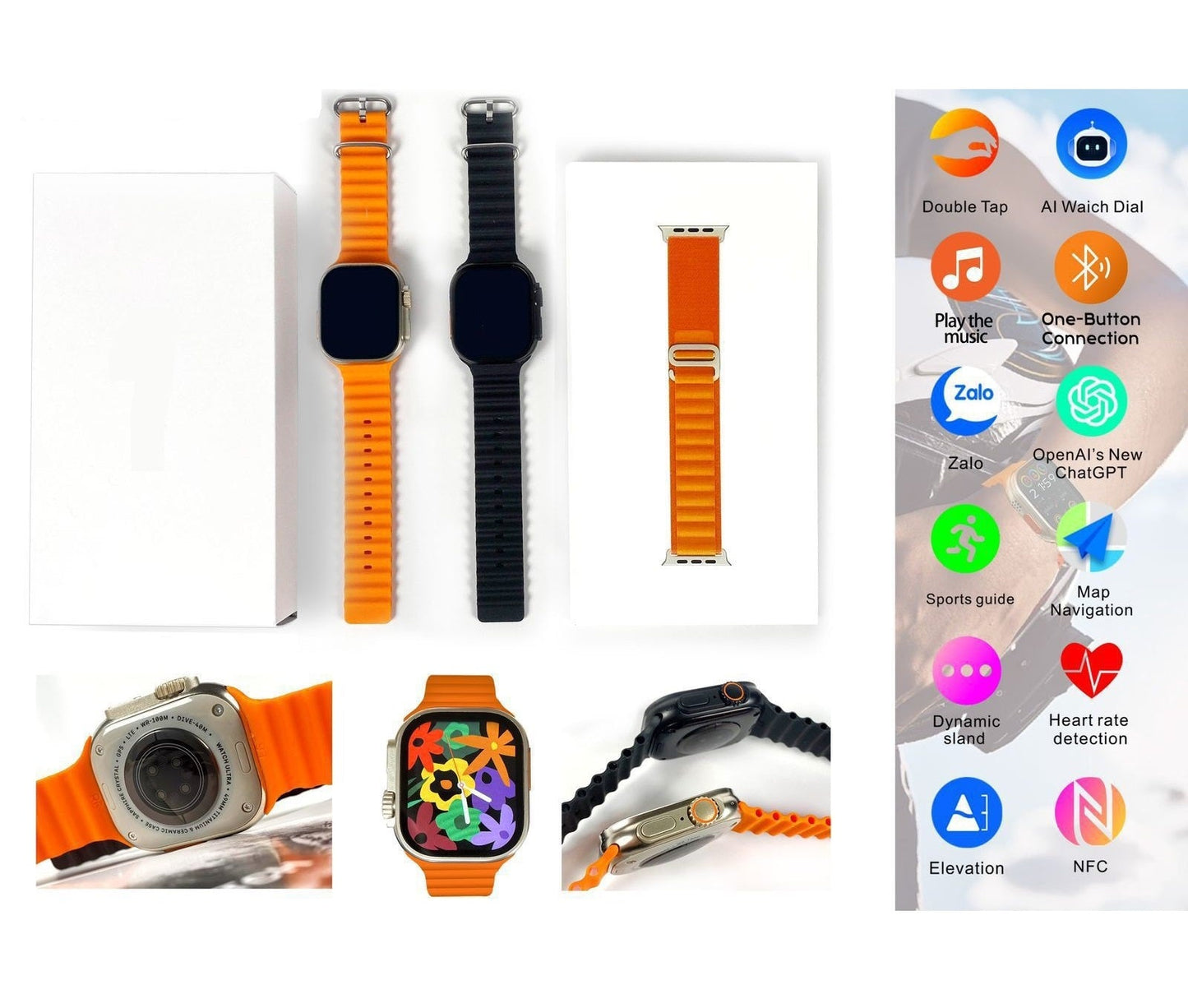 Smartwatch with orange and black bands, heart rate, music, GPS, and NFC features shown
