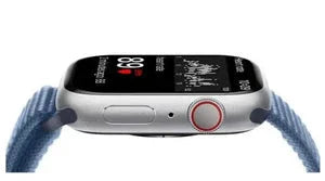 Smartwatch with silver case and blue strap displaying health data on screen