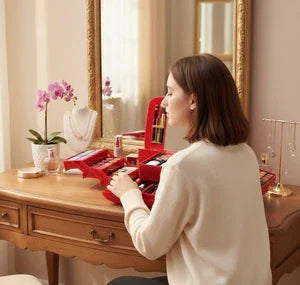 Woman organizing cosmetics in red makeup organizer on wooden vanity table with mirror