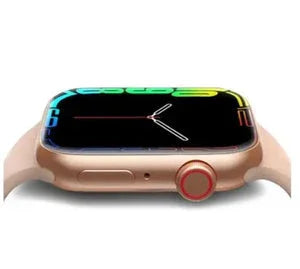 Smartwatch with gold case, colorful display, and silicone band, modern digital accessory