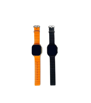 Two smartwatches with square faces, one orange strap and one black strap, on white background