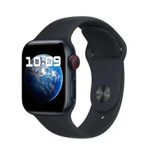 Black smart watch with digital display showing Earth and time, modern wearable gadget