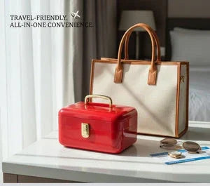 Travel-friendly beige tote bag and red cosmetic case on a hotel room table with sunglasses.