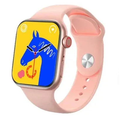 Pink smart watch with horse graphic on colorful display, modern wearable technology